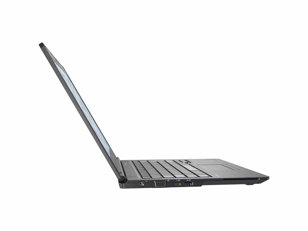 Fujitsu U7410 – boční pohled na tenké tělo s konektory a matným povrchem
